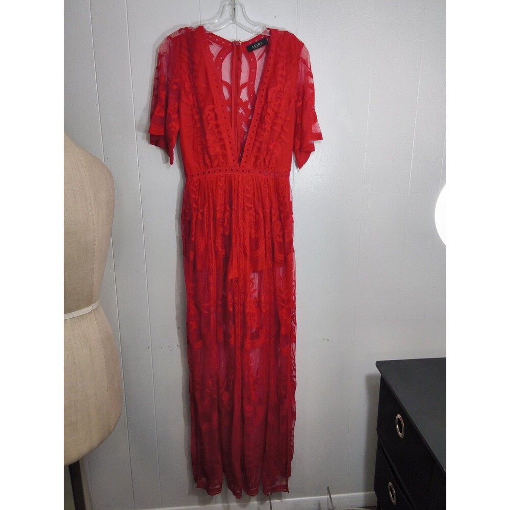 Akira Honey Punch Red Sheer Lace Maxi Dress Women’s Size Small Built-In Shorts